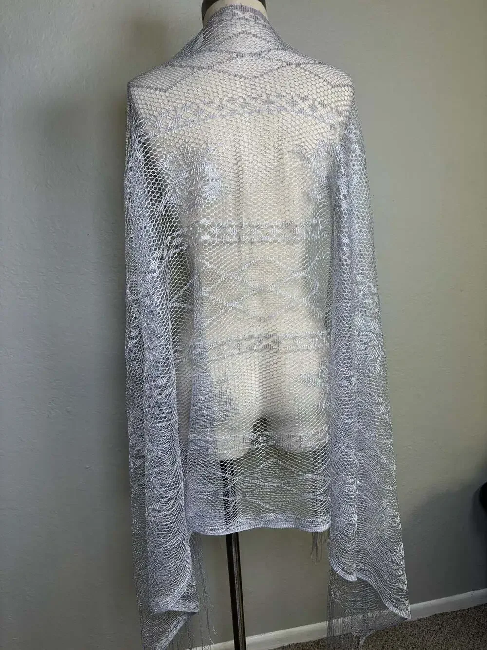 Silver Metallic Shimmer Lace Fringe Evening Shawl Wrap